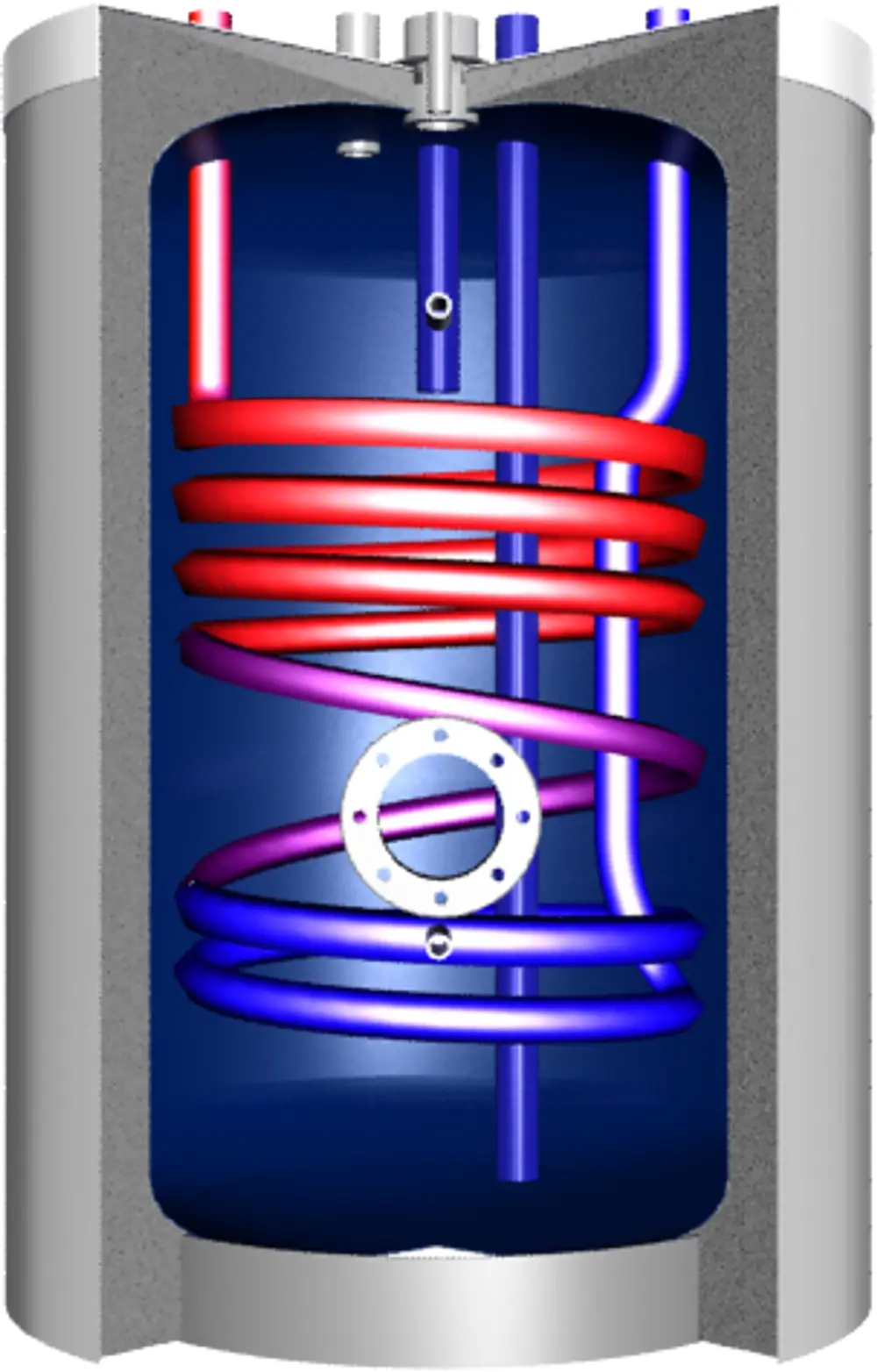 Juratherm Unterstellspeicher mit spiralförmigen Rohren in Rot und Blau, dargestellt in einer schematischen Ansicht innerhalb eines grauen Gehäuses.